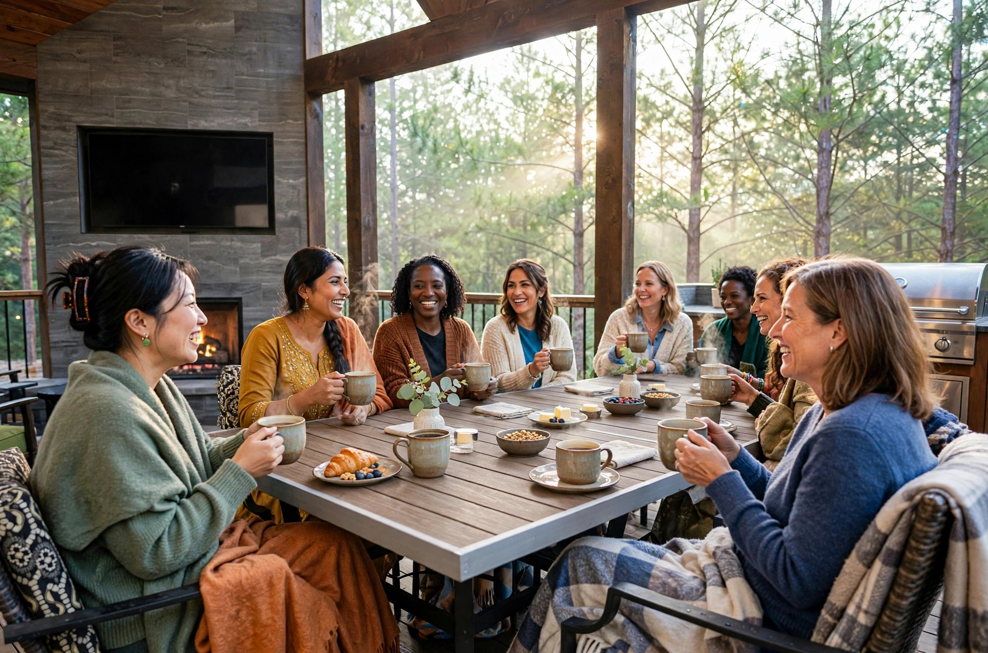 Women having morning coffee on the cabin back deck