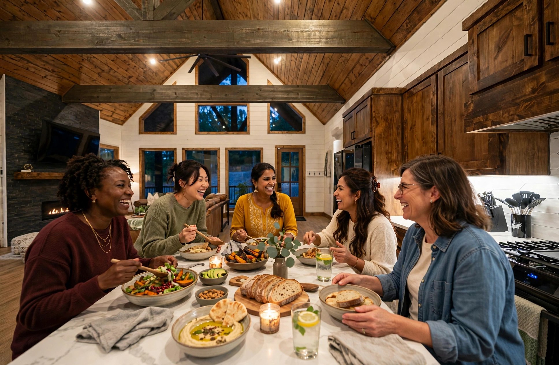 Women sharing a meal around the cabin kitchen island